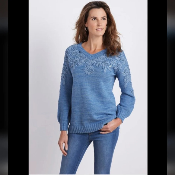 Soft Surroundings Palenque Sweater Embellished 3D Knit Floral Sequence Cotton S - Picture 1 of 13